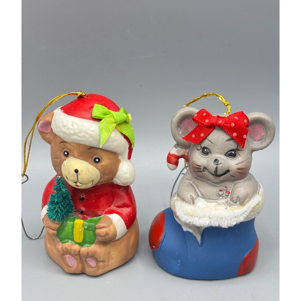 Vtg Giftco 2 Pc Ceramic Christmas Ornaments Bear Mouse Santa Hat Stocking Bells‎